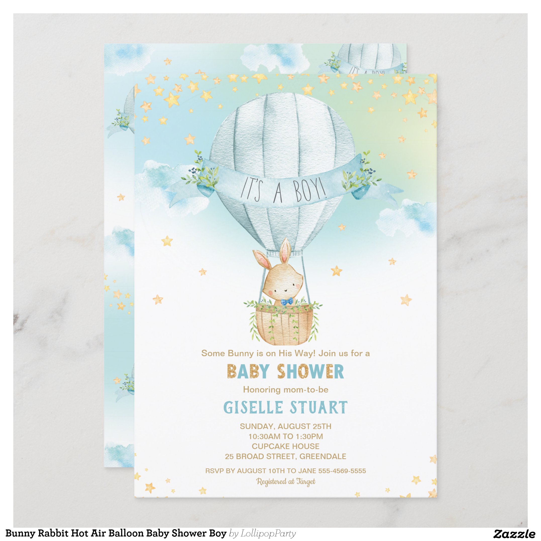 Bunny Rabbit Hot Air Balloon Baby Shower Boy Invitation