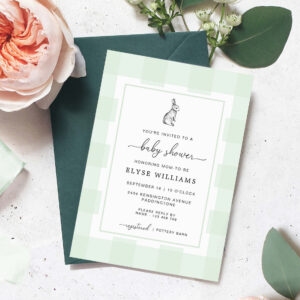 Bunny Rabbit Mint Green Gingham Baby Shower Invitation