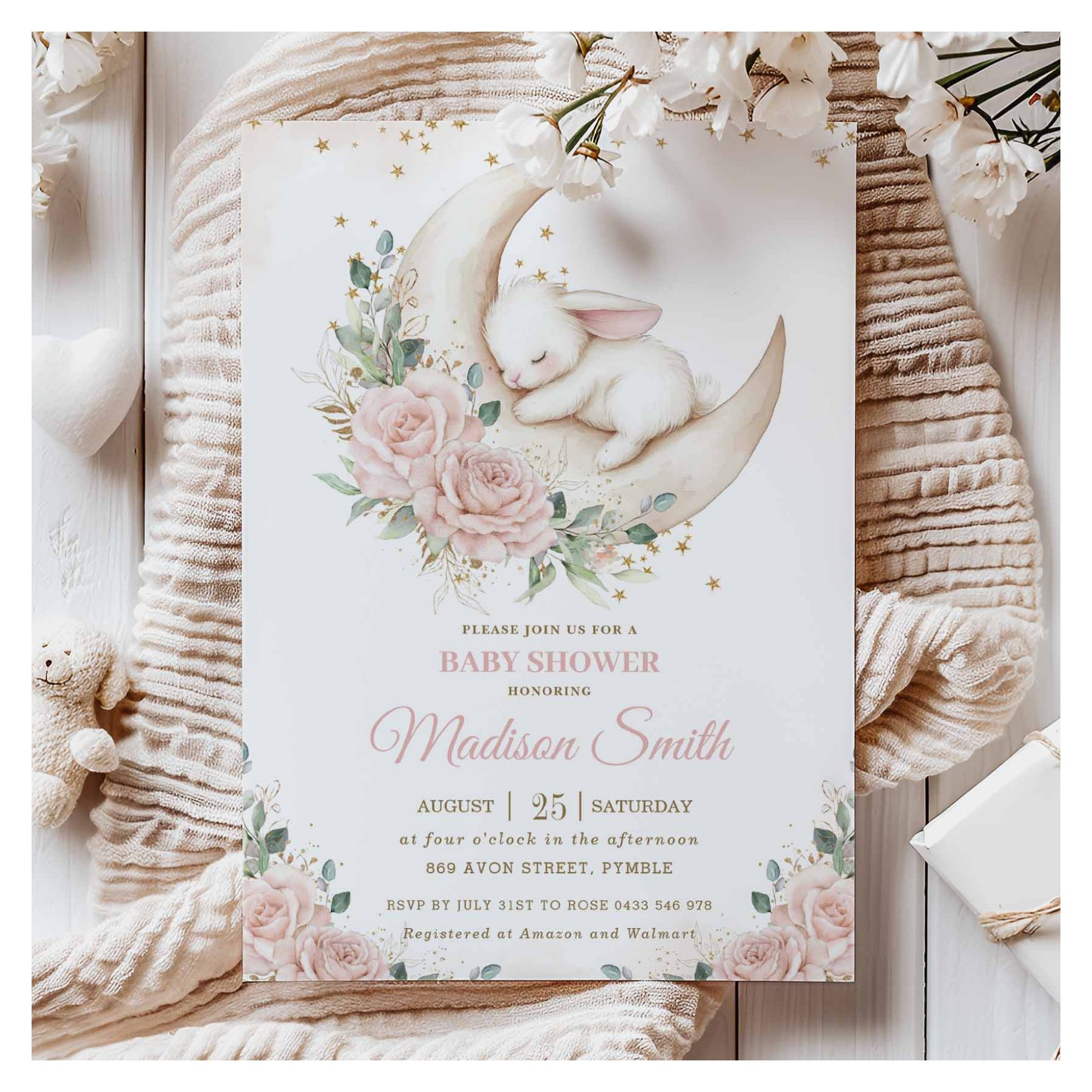 Bunny Rabbit Moon Pink Blush Floral Baby Shower Invitation