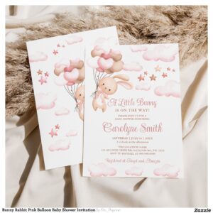 Bunny Rabbit Pink Balloon Baby Shower Invitation