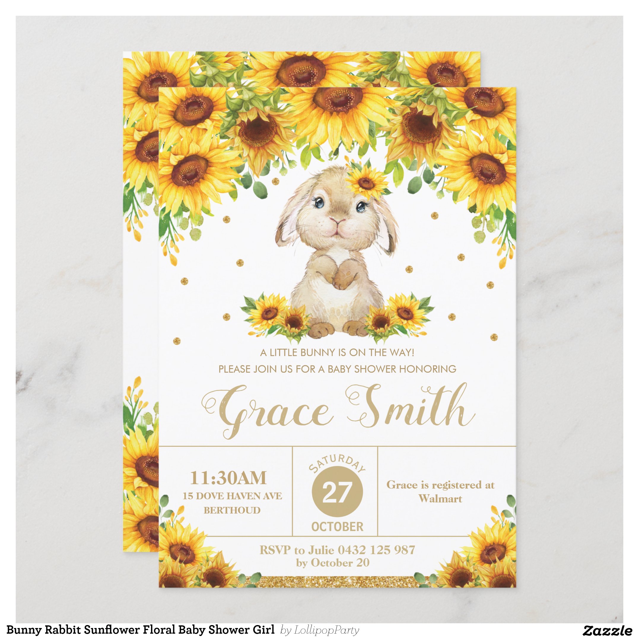 Bunny Rabbit Sunflower Floral Baby Shower Girl Invitation