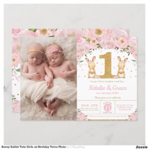 Bunny Rabbit Twin Girls 1st Birthday Twins Photo Invitation