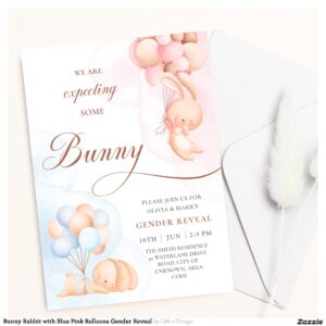 Bunny Rabbit with Blue Pink Balloons Gender Reveal Invitation