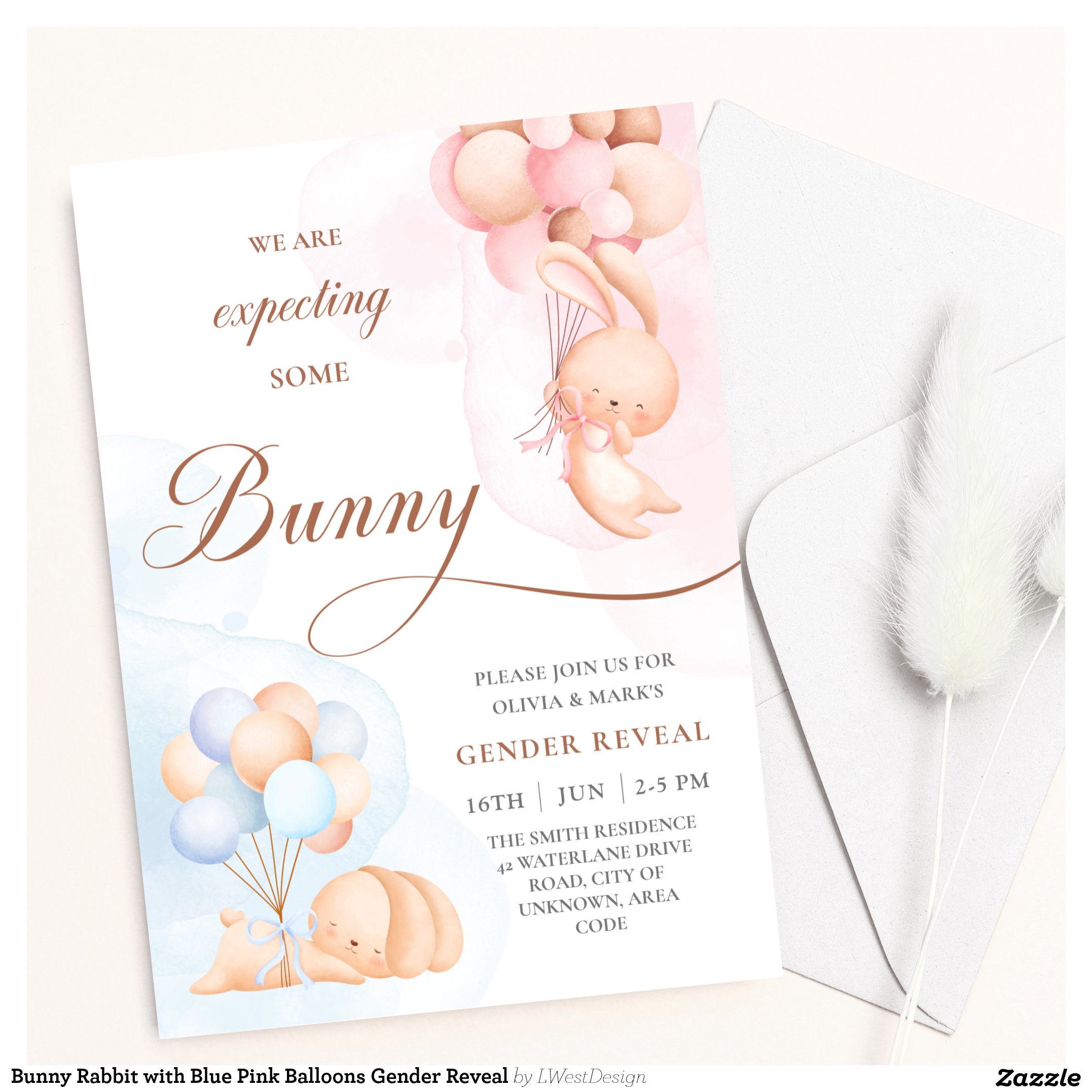 Bunny Rabbit with Blue Pink Balloons Gender Reveal Invitation