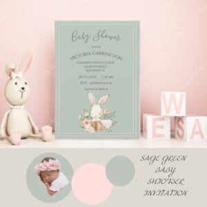 Bunny Watercolor Floral Green Girl Baby Shower Invitation