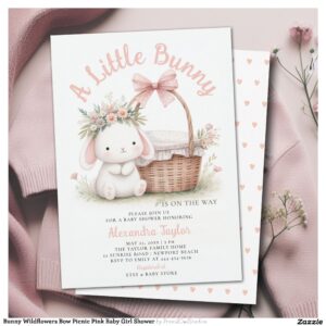 Bunny Wildflowers Bow Picnic Pink Baby Girl Shower Invitation