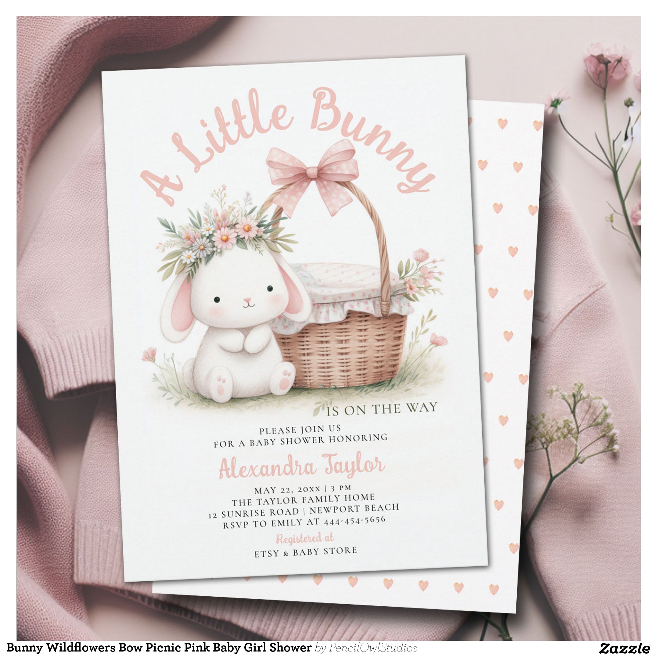 Bunny Wildflowers Bow Picnic Pink Baby Girl Shower Invitation