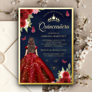 Burgundy Floral Butterfly Navy Quinceanera Gold Foil Invitation