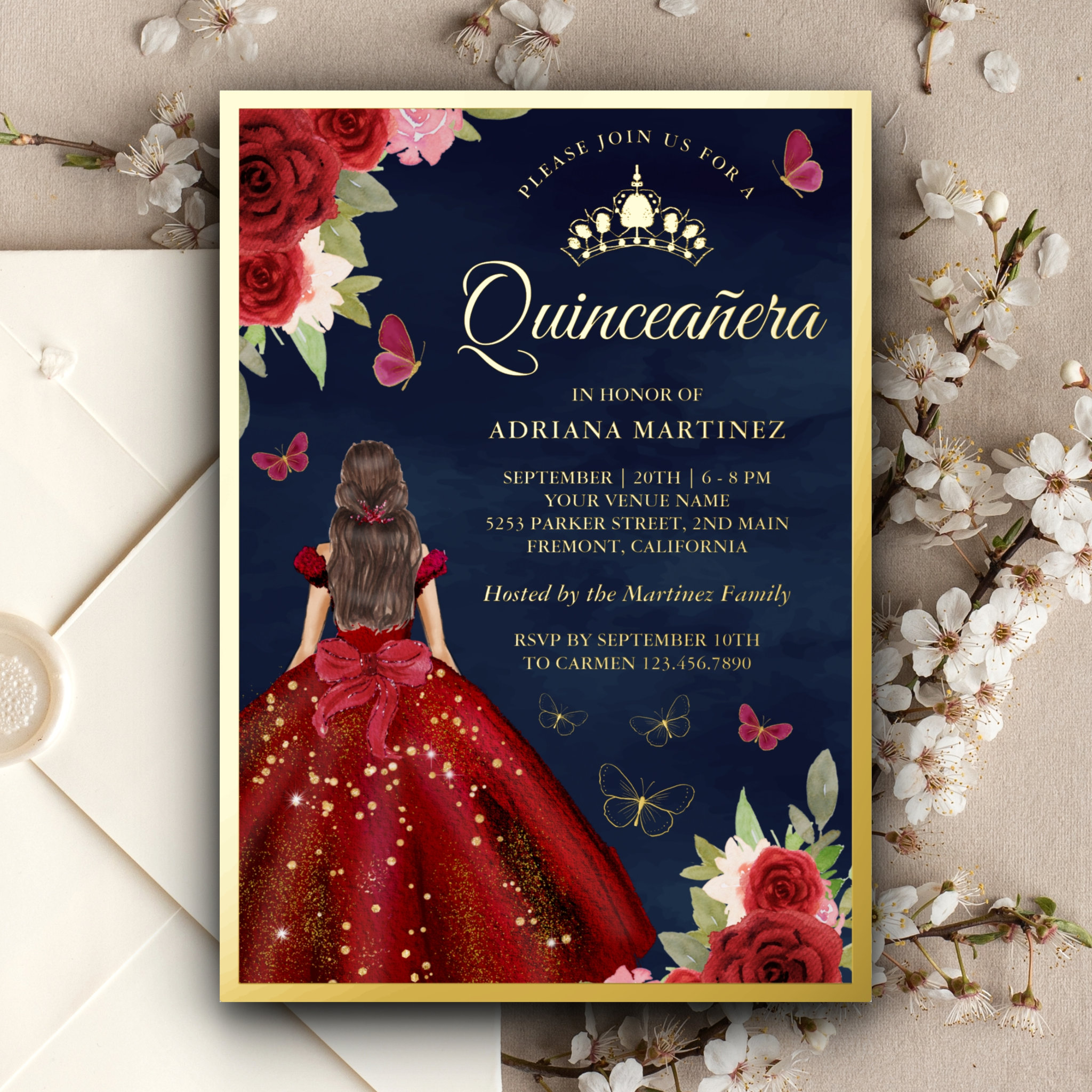 Burgundy Floral Butterfly Navy Quinceanera Gold Foil Invitation