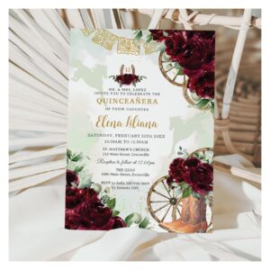 Burgundy Floral Charro Boots Sweet 16 Quincea?era Invitation