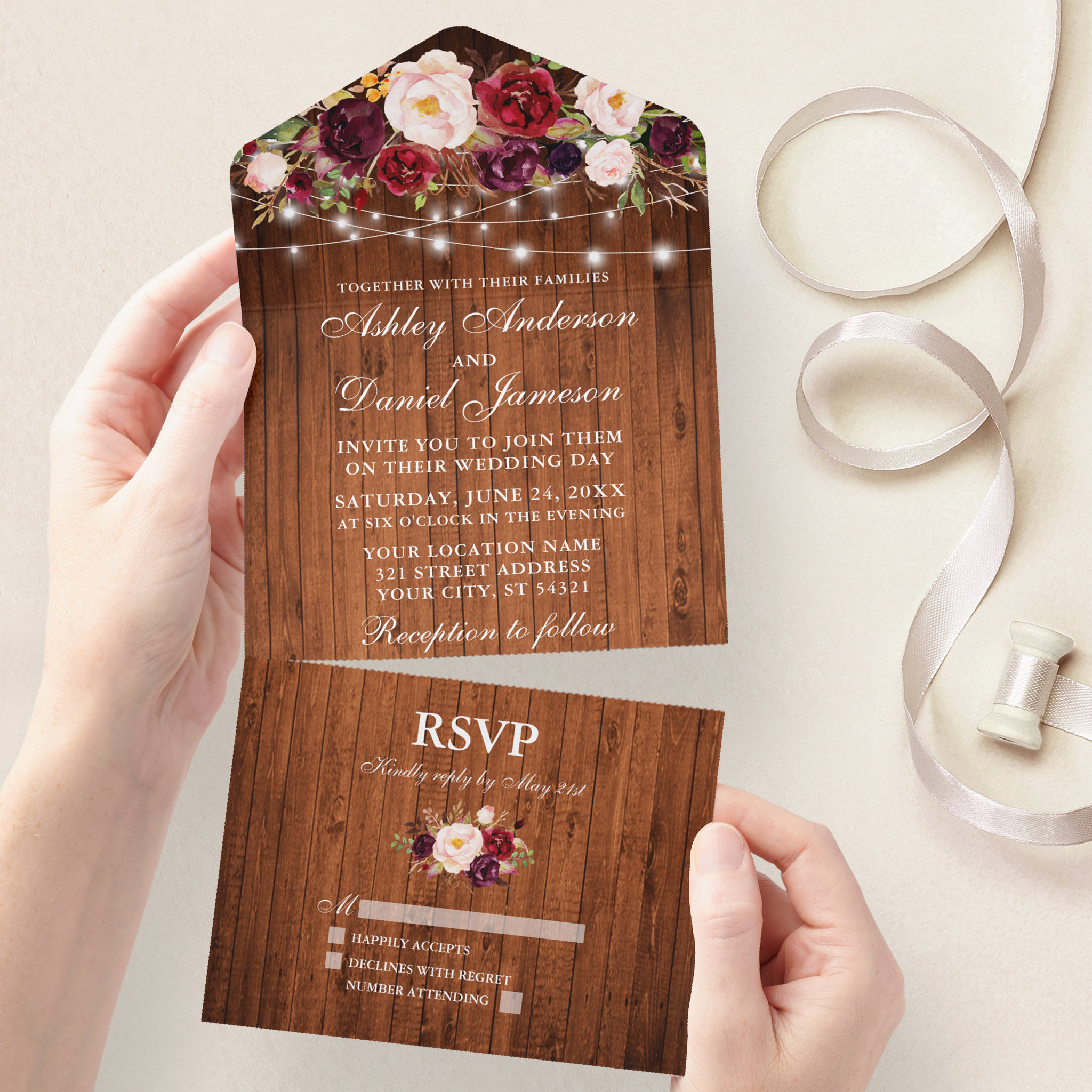 Burgundy Floral Lights Rustic Wood Wedding All In One Invitation