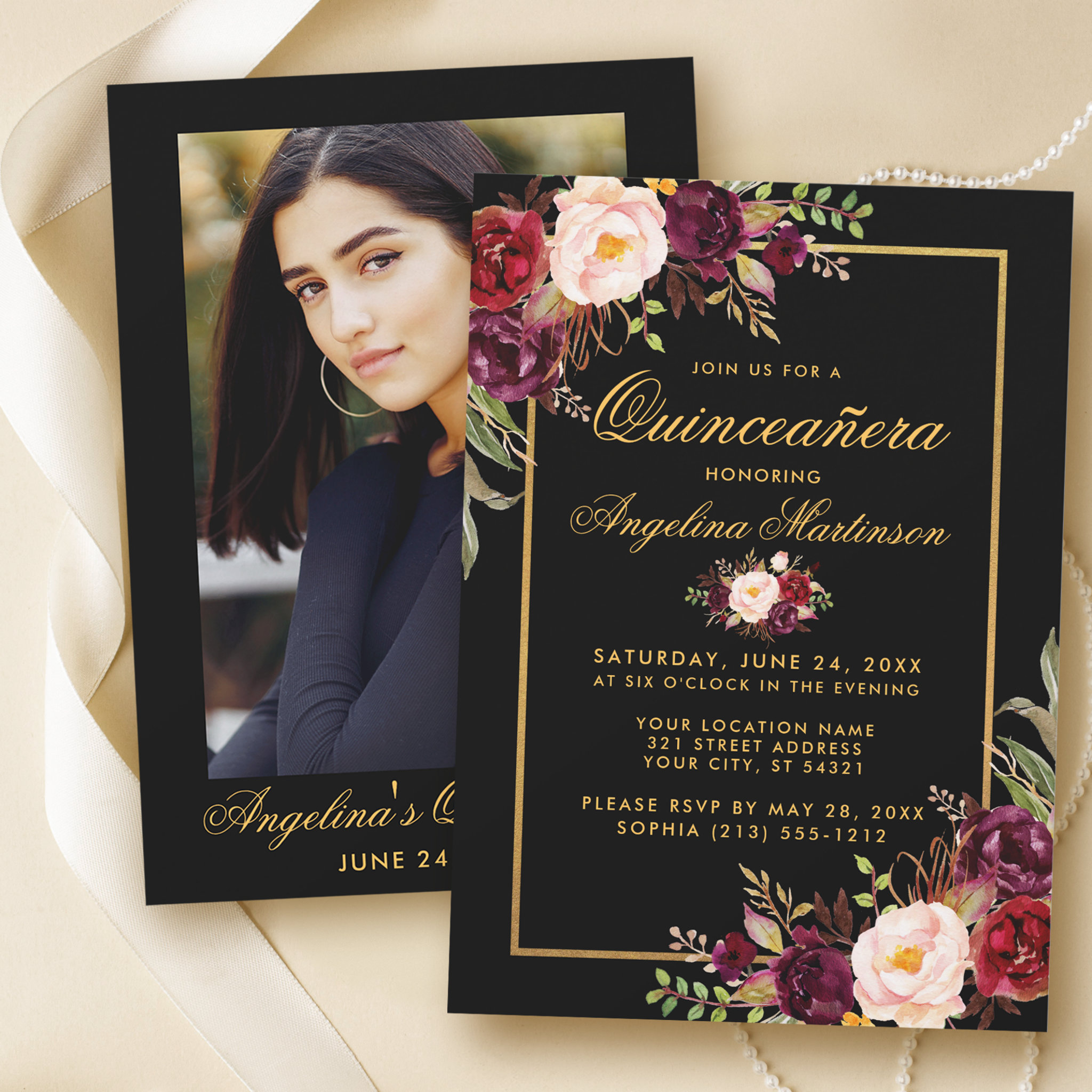 Burgundy Floral Quinceanera Black Gold Photo Back Invitation