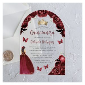 Burgundy Floral Roses Watercolor Quincea?era Acrylic Invitations