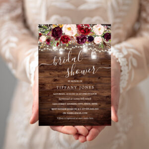 Burgundy Floral Rustic Wood Bridal Shower Invite