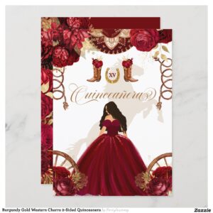 Burgundy Gold Western Charro 2-Sided Quinceanera Invitation