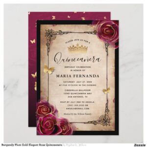 Burgundy Plum Gold Elegant Rose Quinceanera Invitation
