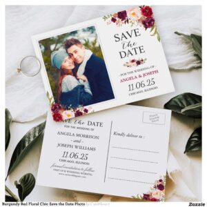 Burgundy Red Floral Chic Save the Date Photo Postcard