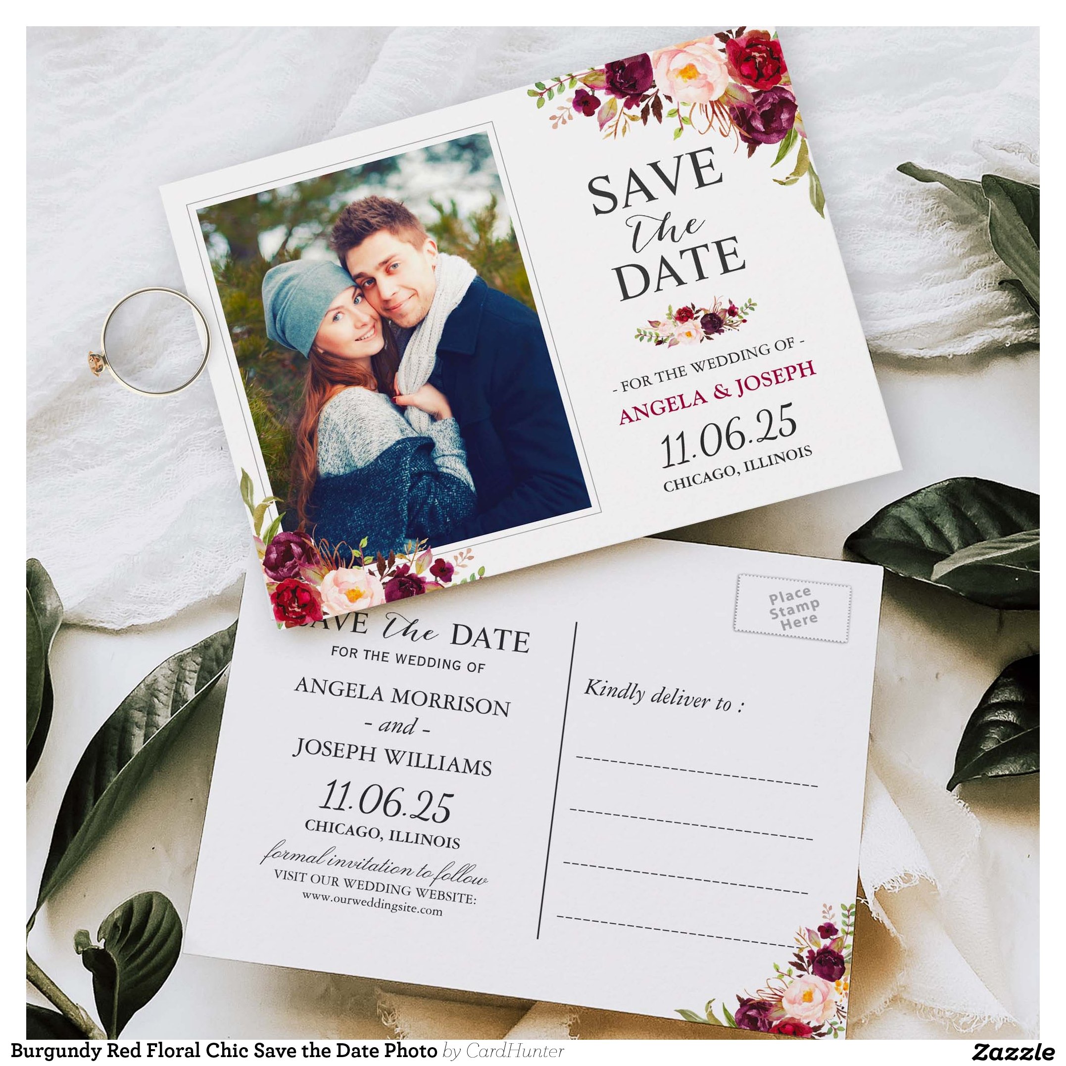 Burgundy Red Floral Chic Save the Date Photo Postcard