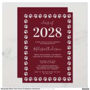 Burgundy Silver Paw Prints Graduation Invitation