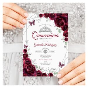 Burgundy Watercolor Floral Quinceanera Invitation