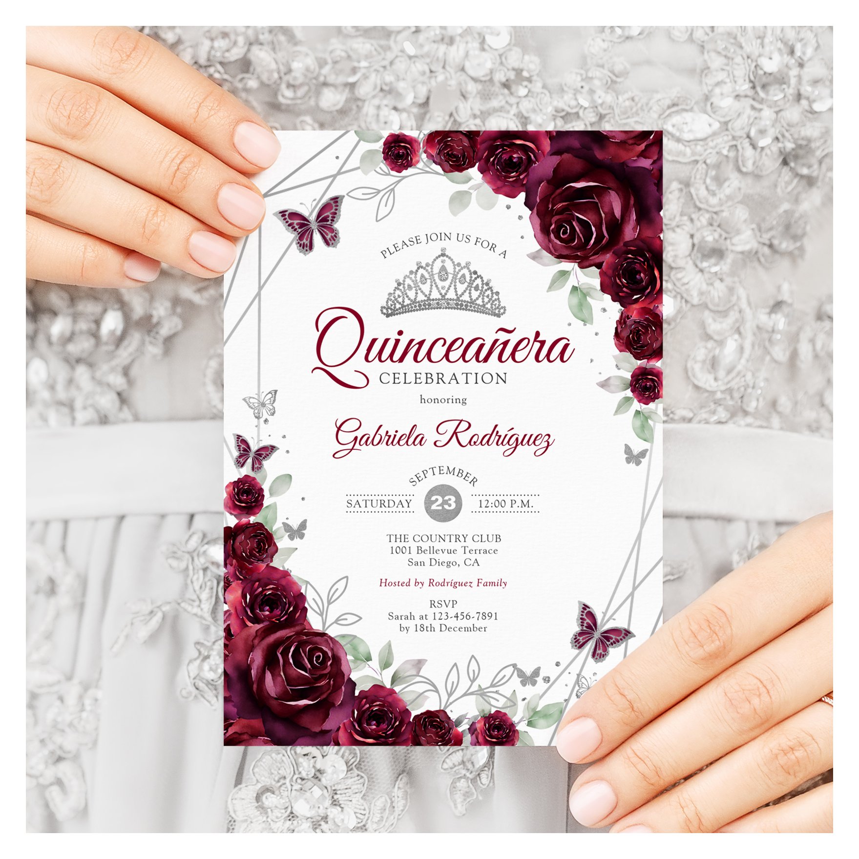 Burgundy Watercolor Floral Quinceanera Invitation