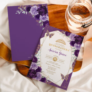 Butterfly Floral Quincea?era Violet Gold Geometric Invitation