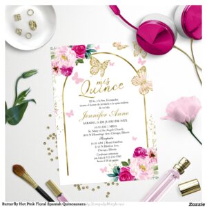 Butterfly Hot Pink Floral Spanish Quinceanera Invitation