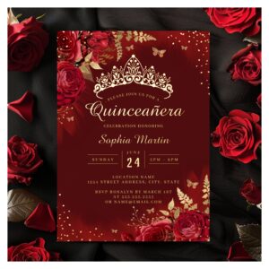 Butterfly Red Gold Floral Quinceanera Foil Invitation