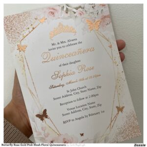 Butterfly Rose Gold Pink Blush Floral Quinceanera Foil Invitation