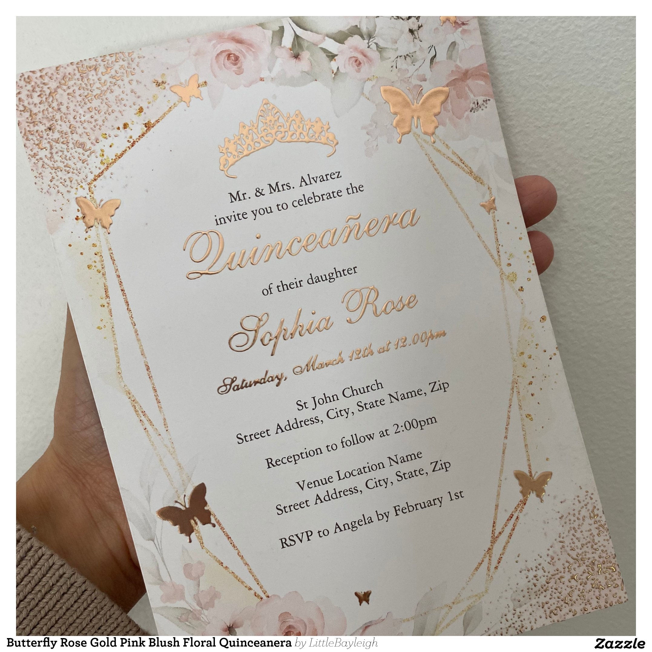 Butterfly Rose Gold Pink Blush Floral Quinceanera Foil Invitation
