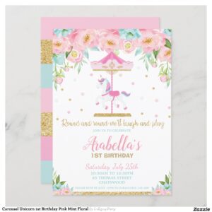 Carousel Unicorn 1st Birthday Pink Mint Floral Invitation