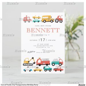 Cars & Trucks City Transportation Birthday Party Invitation