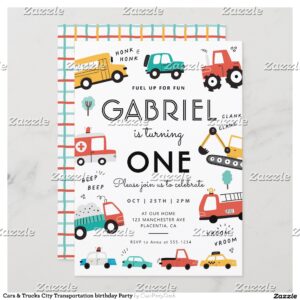 Cars & Trucks City Transportation birthday Party Invitation