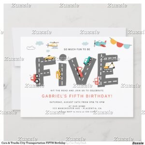 Cars & Trucks City Transportation FIFTH Birthday Invitation