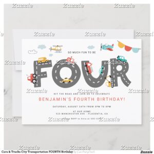 Cars & Trucks City Transportation FOURTH Birthday Invitation