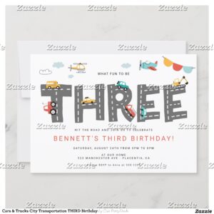 Cars & Trucks City Transportation THIRD Birthday Invitation