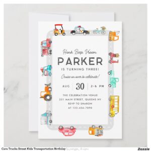 Cars Trucks Street Kids Transportation Birthday Invitation