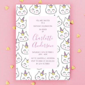 Cat Unicorn Teal Pattern Pink Birthday Party Invitation
