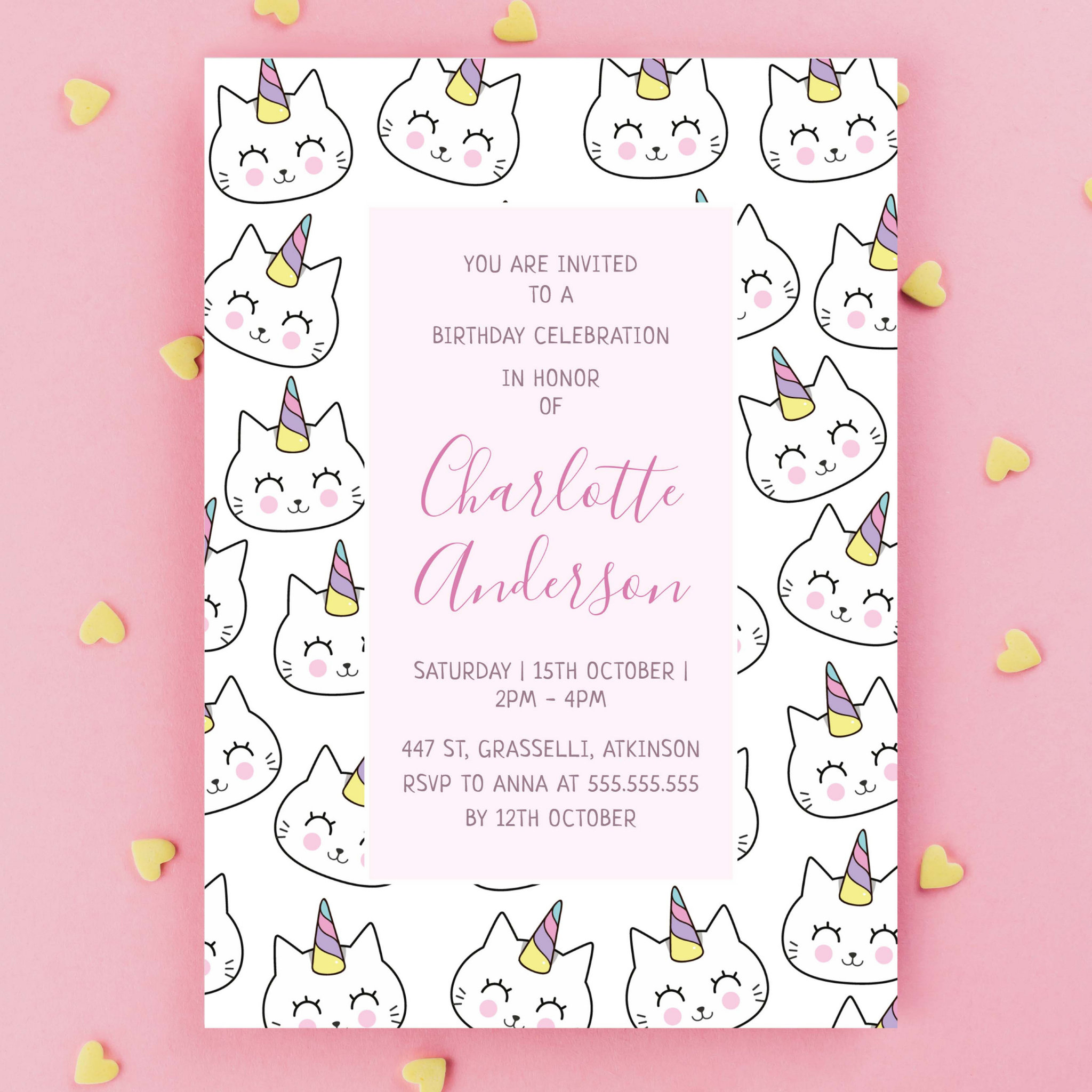 Cat Unicorn Teal Pattern Pink Birthday Party Invitation