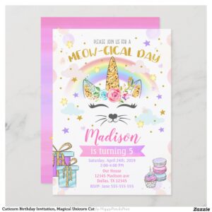 Caticorn Birthday Invitation, Magical Unicorn Cat Invitation