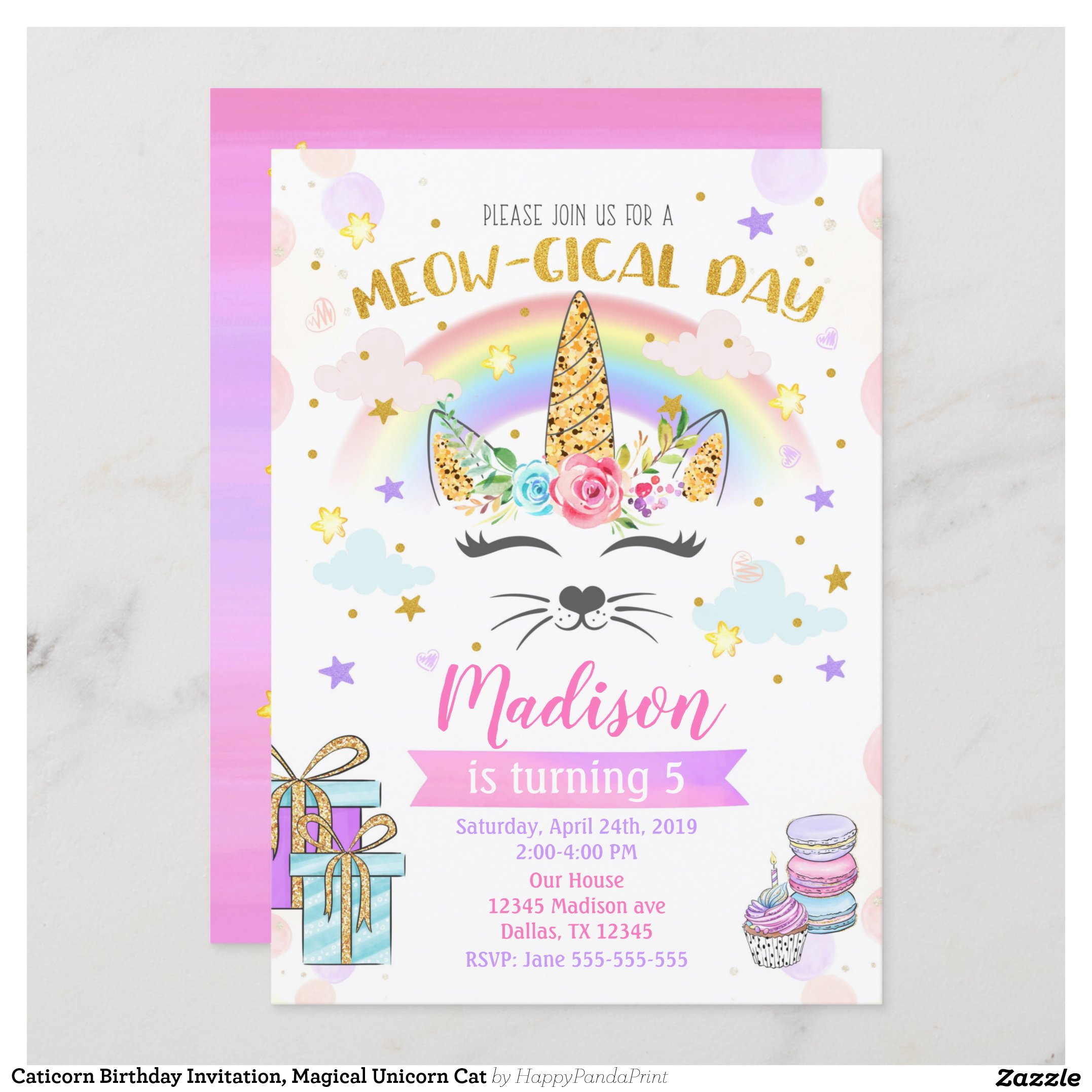 Caticorn Birthday Invitation, Magical Unicorn Cat Invitation
