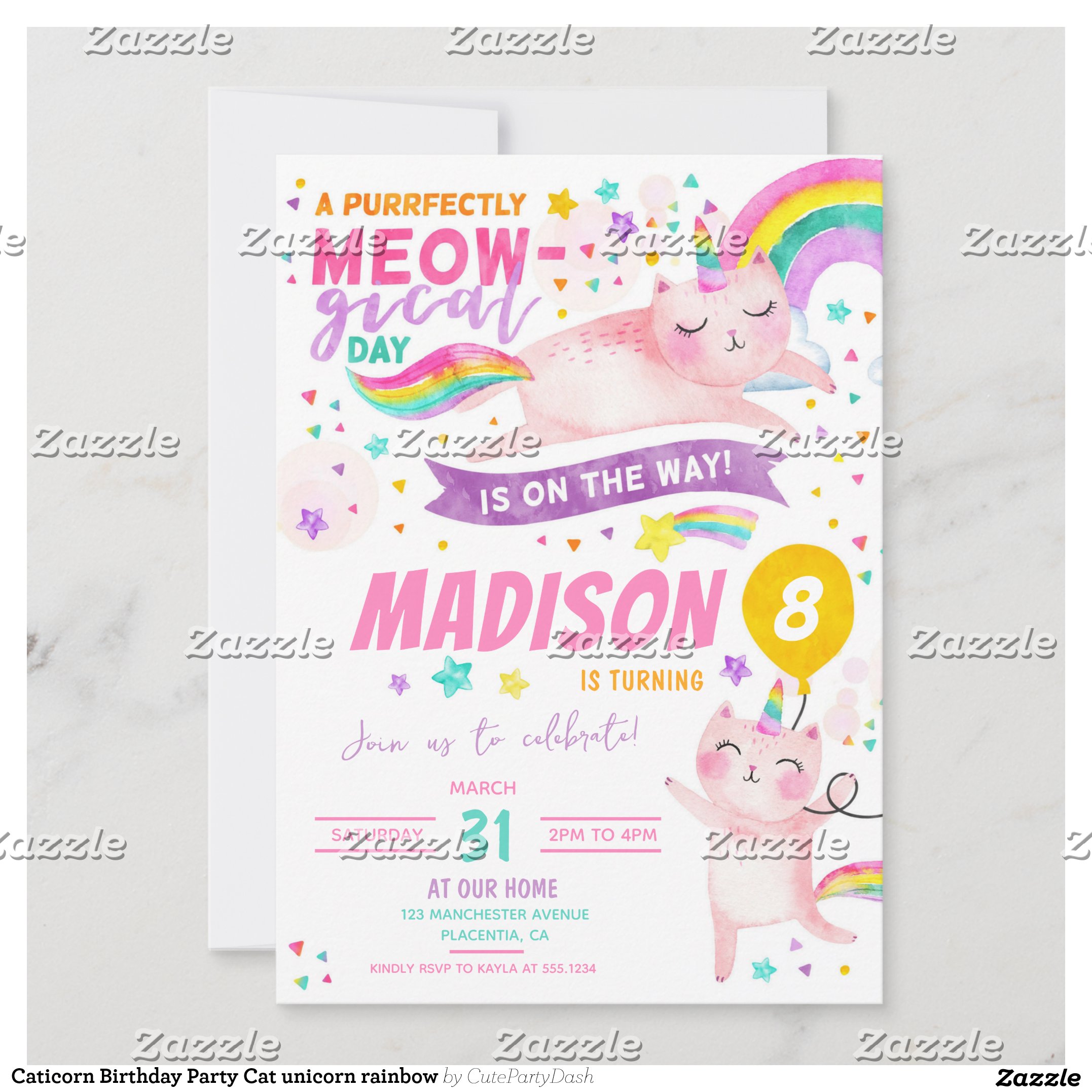 Caticorn Birthday Party Cat unicorn rainbow Invitation