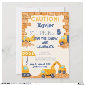 CAUTION! Construction Truck Birthday Invitation