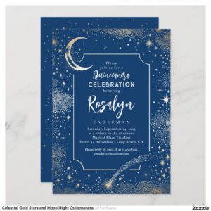 Celestial Gold Stars and Moon Night Quinceanera Invitation