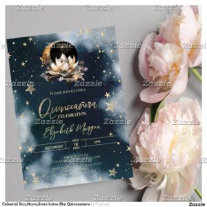 Celestial Sun,Moon,Stars Lotus Sky Quinceanera Invitation