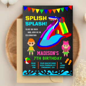 Chalkboard Water Slide Kids Birthday Party Invite
