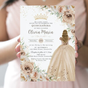 Champagne Beige Cream Floral Princess Quinceanera Invitation