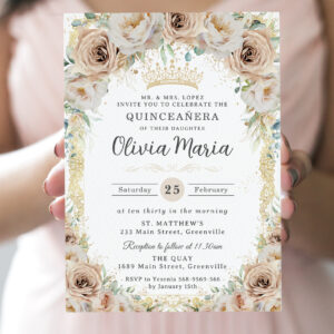 Champagne Beige Cream Floral Vintage Quincea?era Invitation