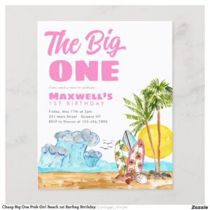 Cheap Big One Pink Girl Beach 1st Surfing Birthday Flyer
