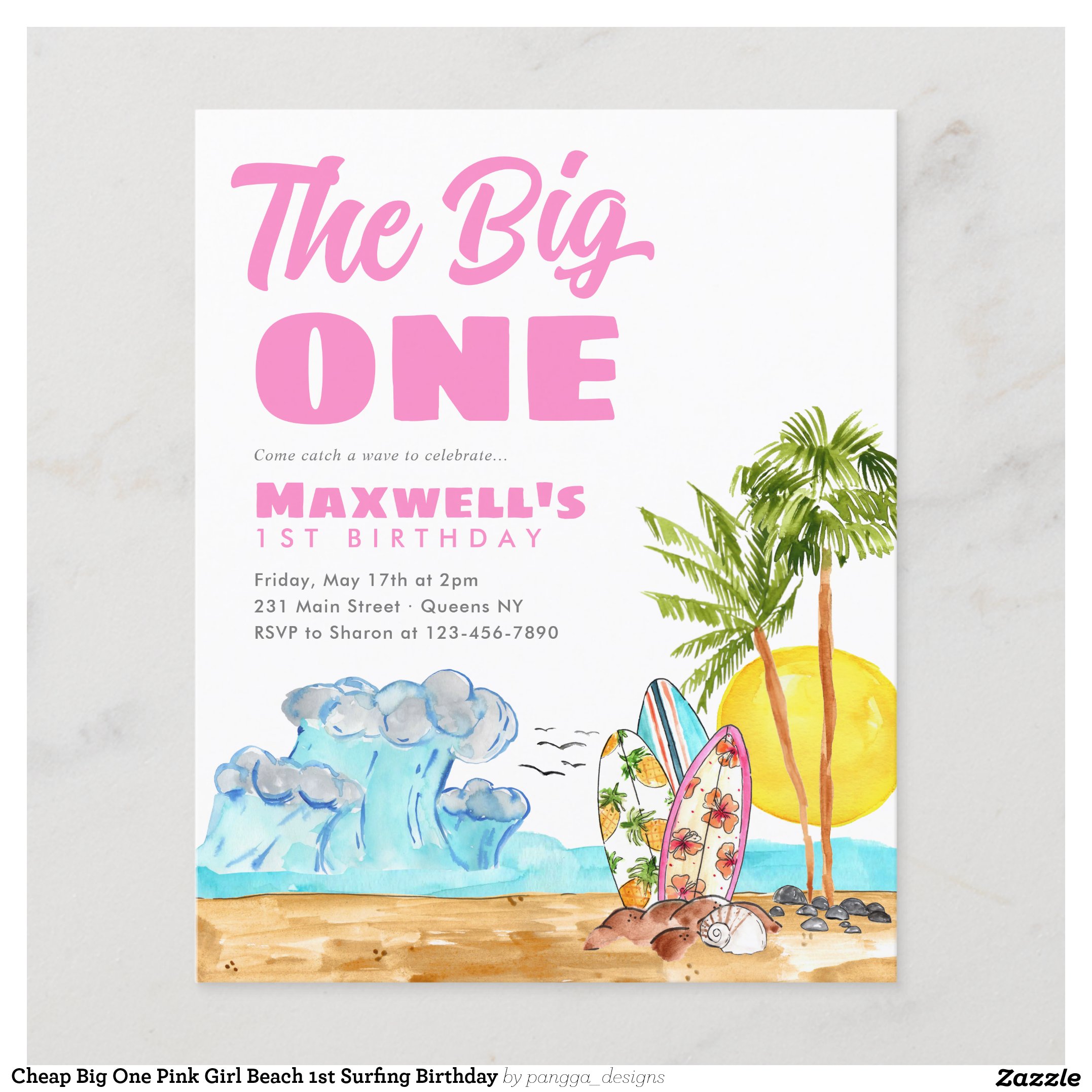 Cheap Big One Pink Girl Beach 1st Surfing Birthday Flyer